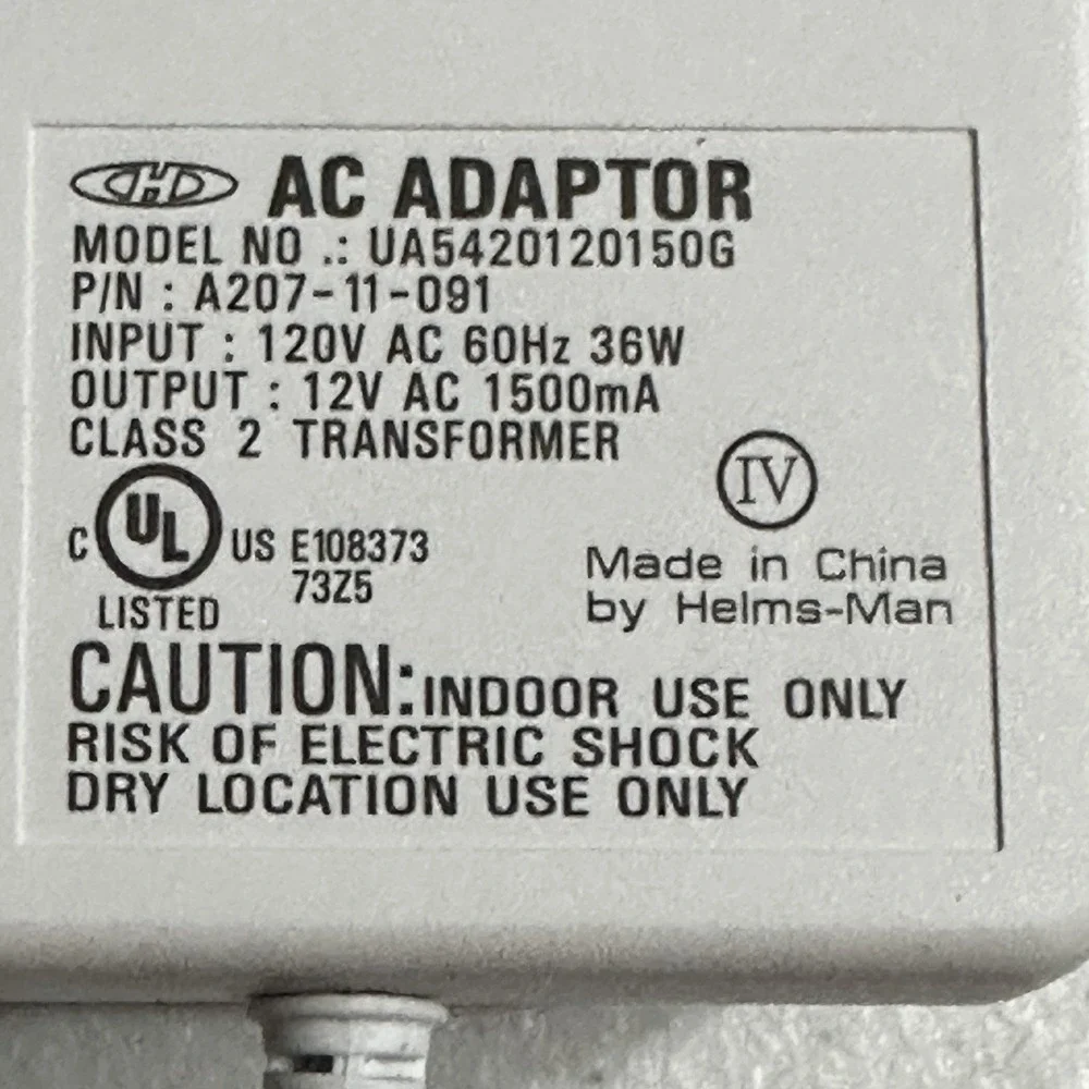 Helms-Man‎ Power Cord Supply Adapter Model: UA5420120150G Output: 12VAC 1500mA